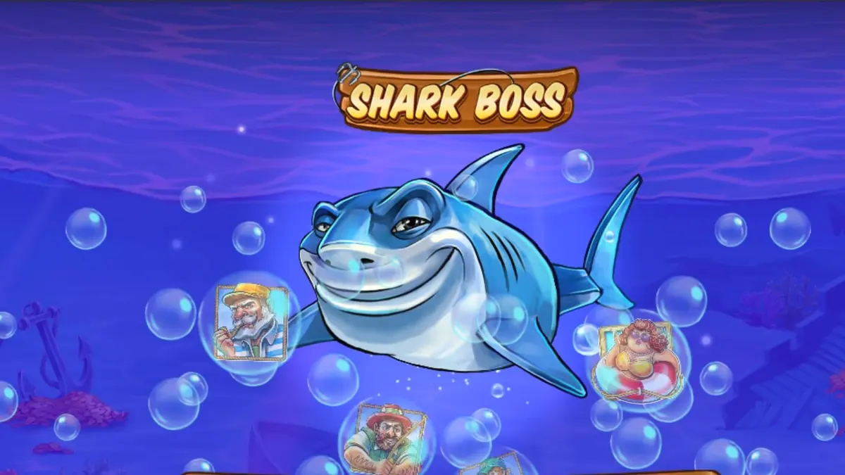 Shark Boss slot game interface with a shark fishing for prizes